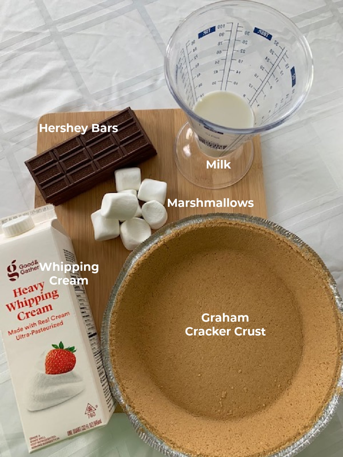 Overhead photo of ingredients needed for Hershey Bar Pie