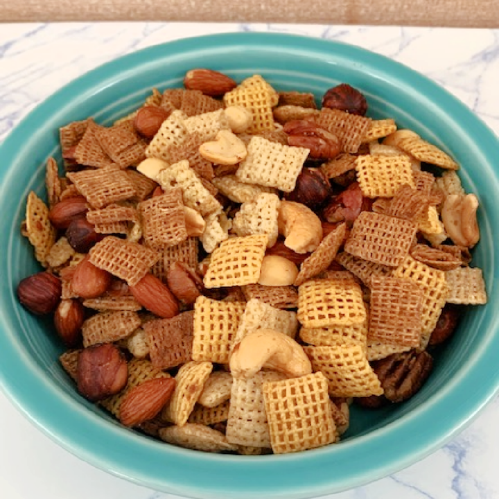 Original Chex Mix in a blue bowl.
