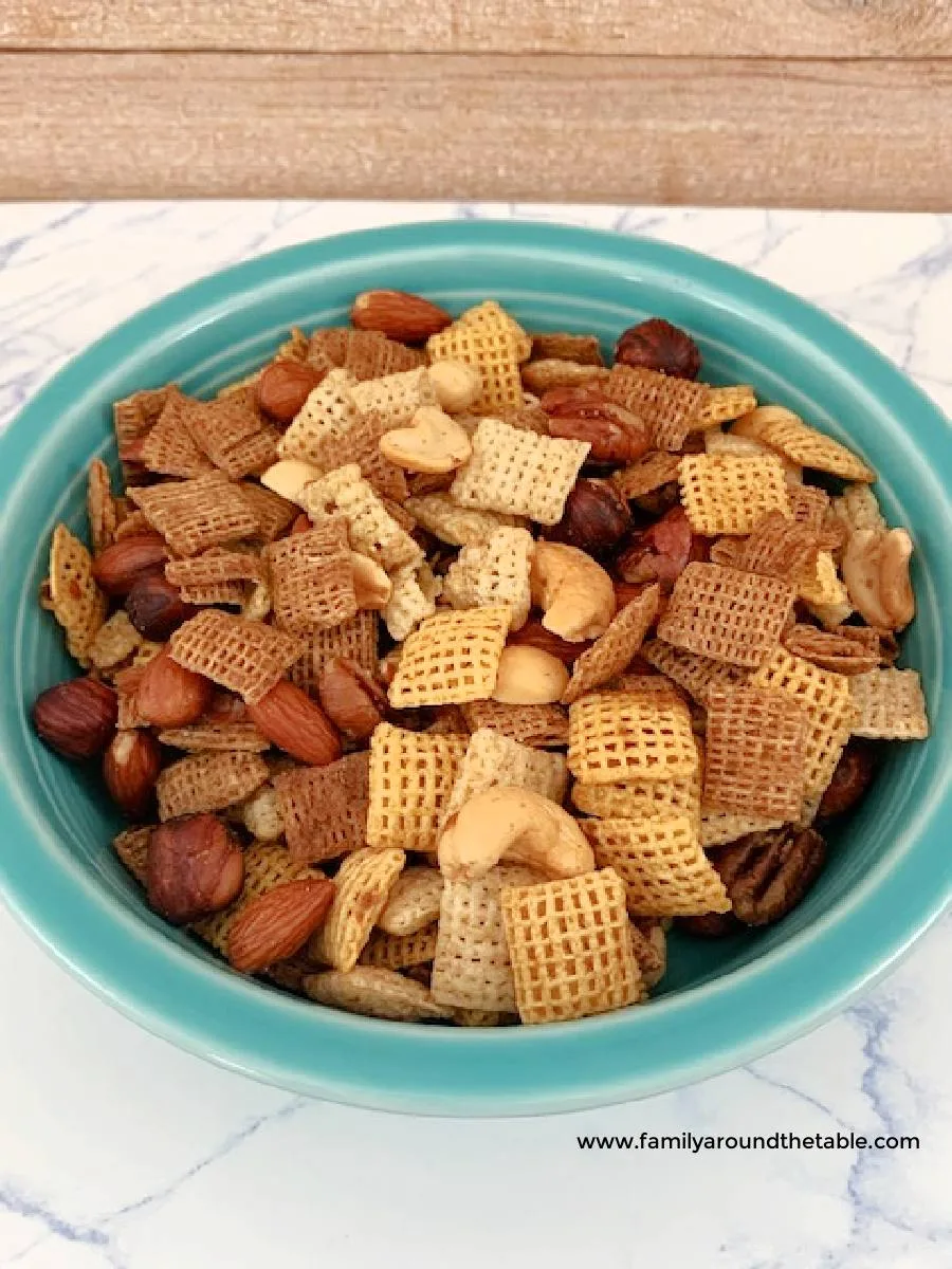 Original Chex Mix in a blue bowl.