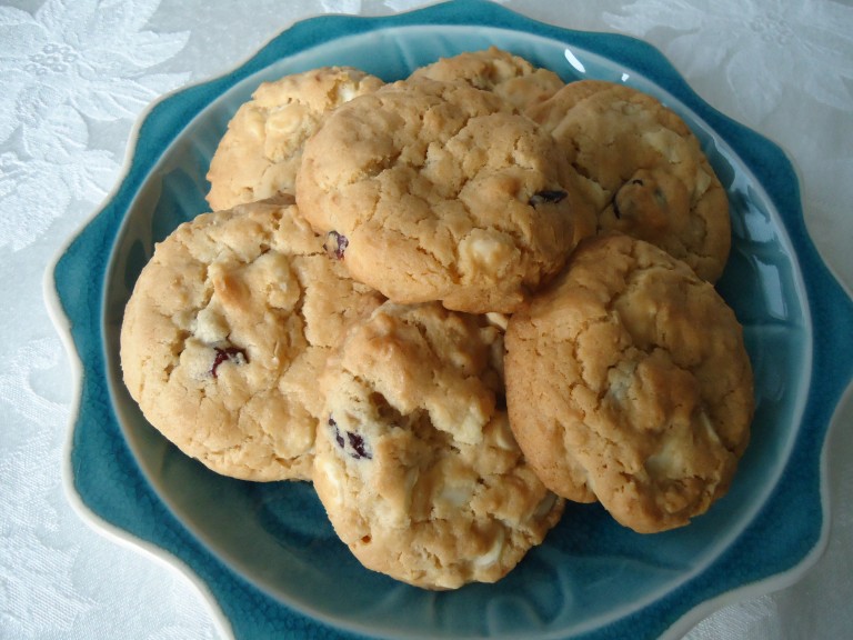 Oatmeal, Cranberry and White Chocolate Chip Cookies on a blue plate.