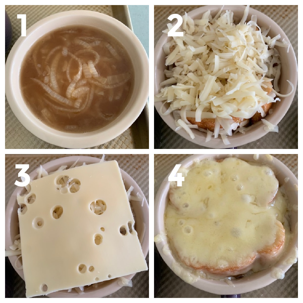 A collage of process photos for French Onion Soup.