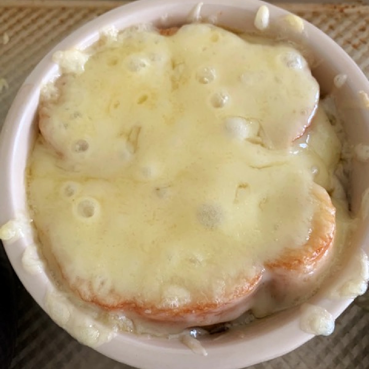 Overhead photo of French Onion Soup