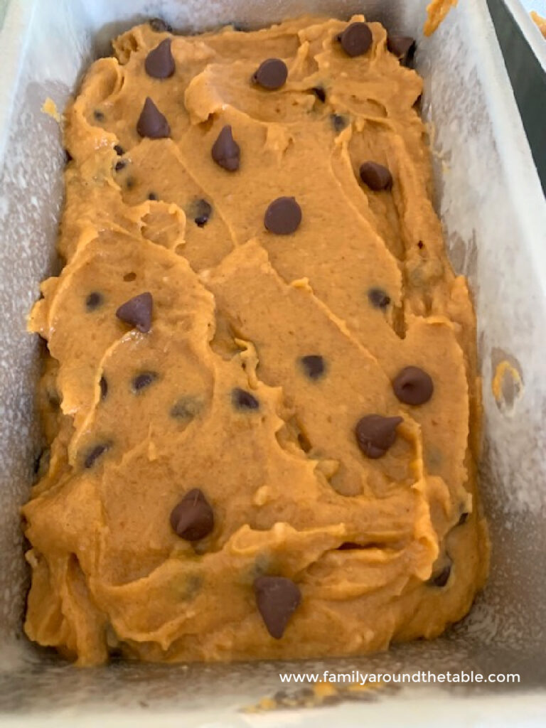 Chocolate chip pumpkin bread ready for the oven.