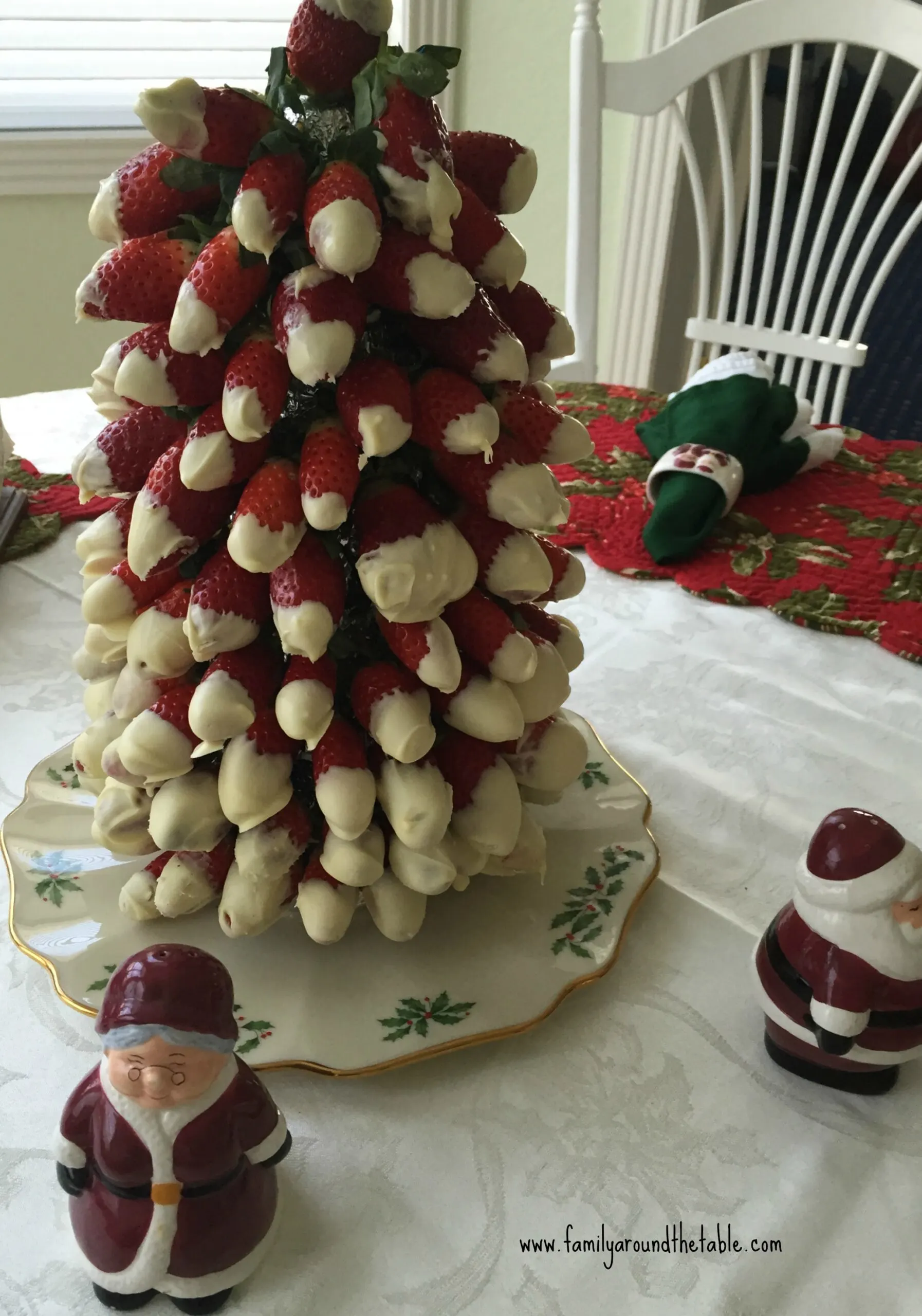 A tree made from strawberries dipped in white chocolate.
