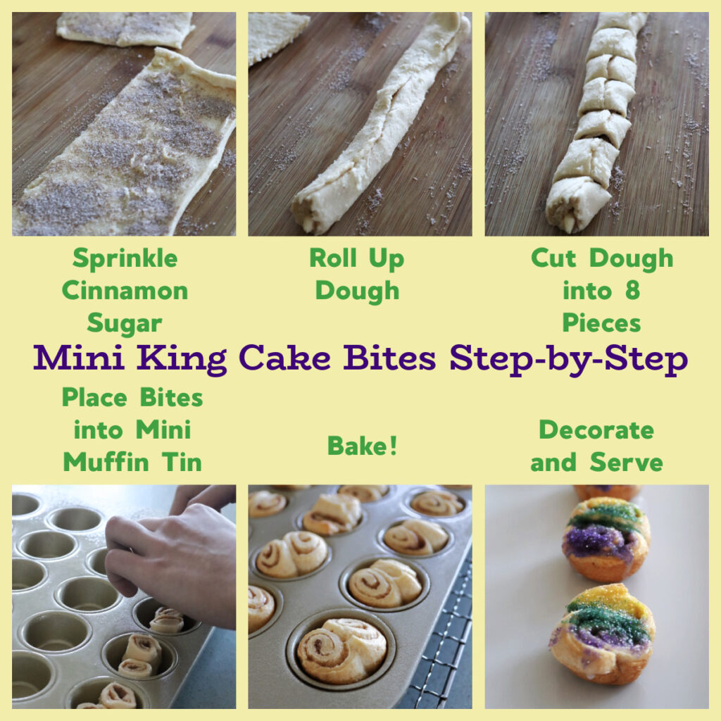 Step-by-step images for making king cake bites.