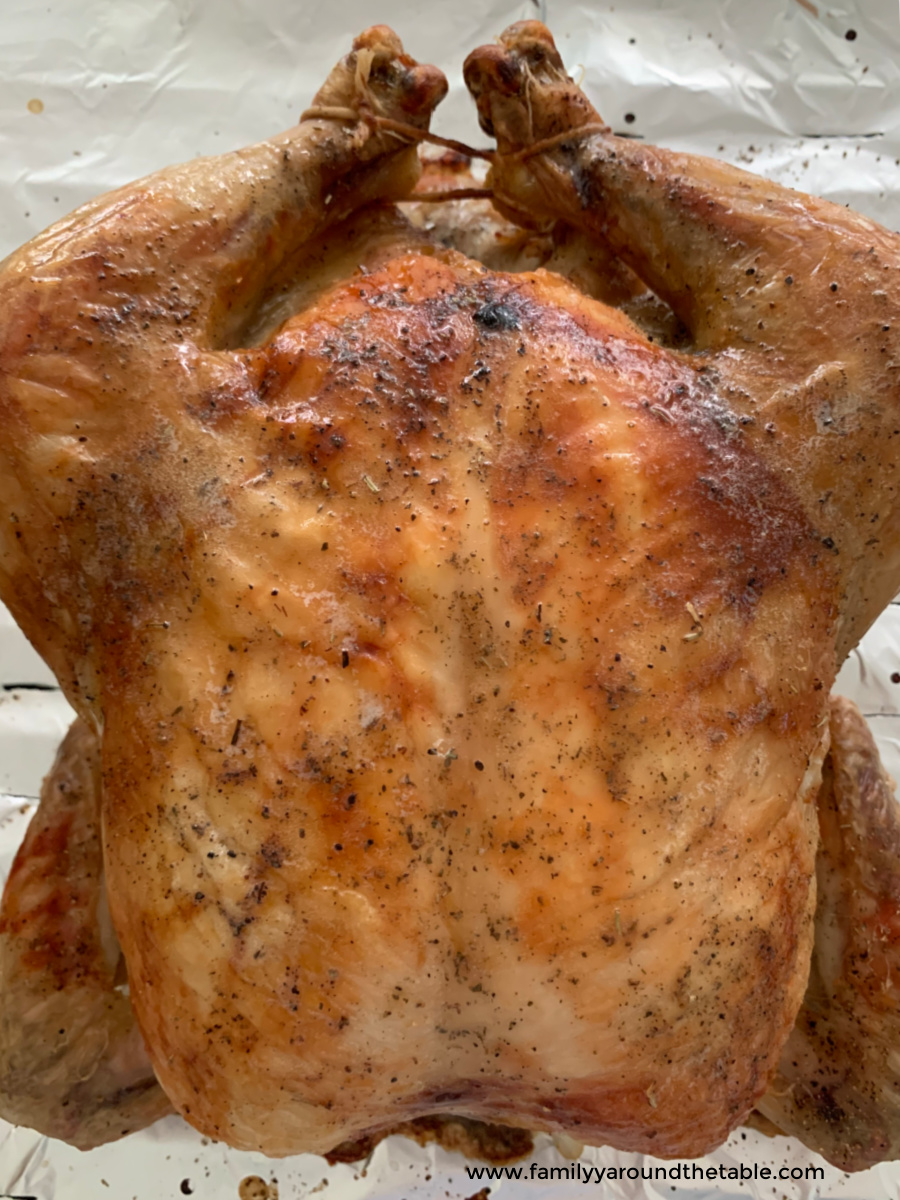 Overhead photo of roast chicken.