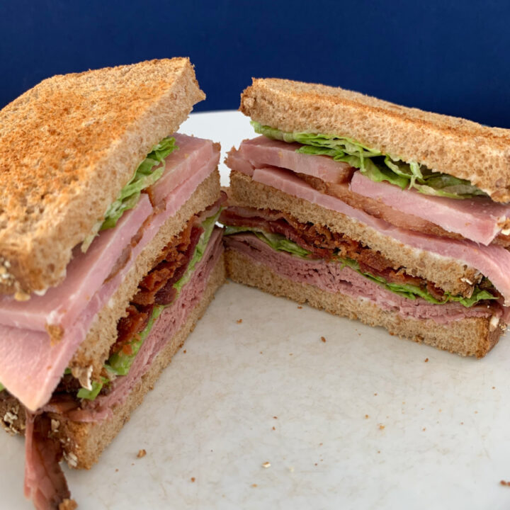 A club sandwich cut in half.