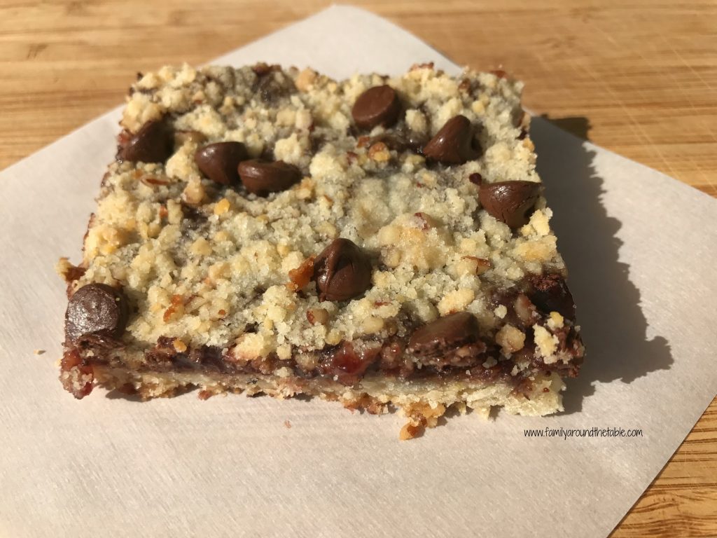 Chocolate chip raspberry bars are a delicious dessert.