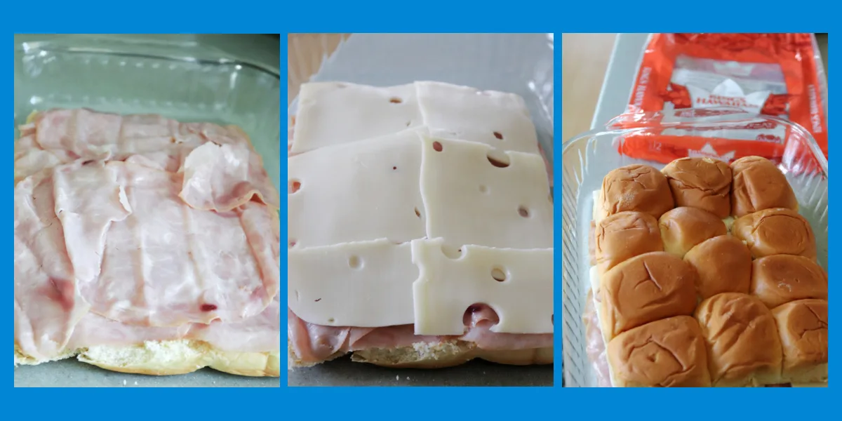 Three photo collage of ham on rolls, cheese on top of the ham and top of rolls.