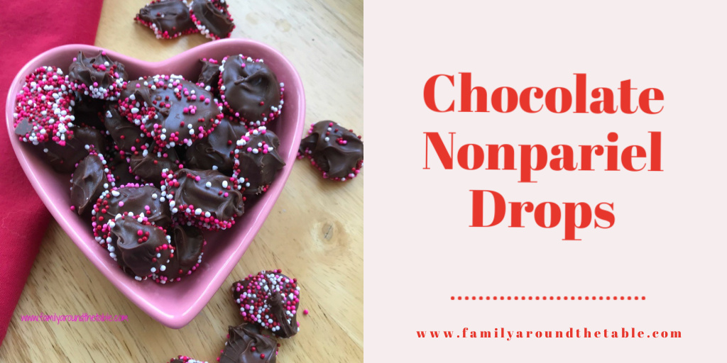 Chocolate Nonpariel Drops in a heart shaped dish.