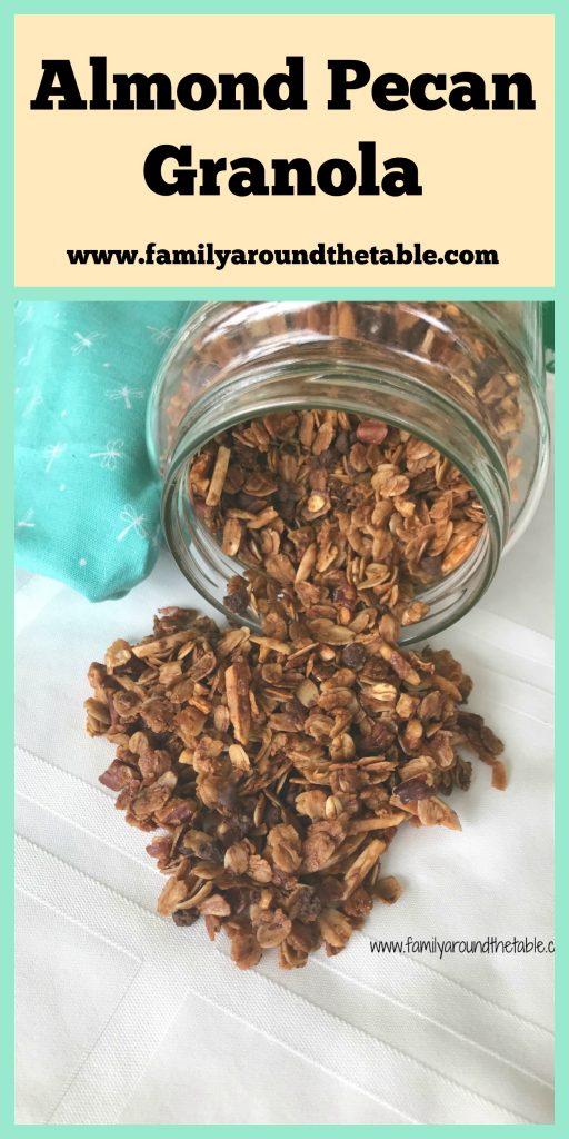 Almond pecan granola is full of flavor and really easy to make. Perfect for a yogurt parfait or with milk.