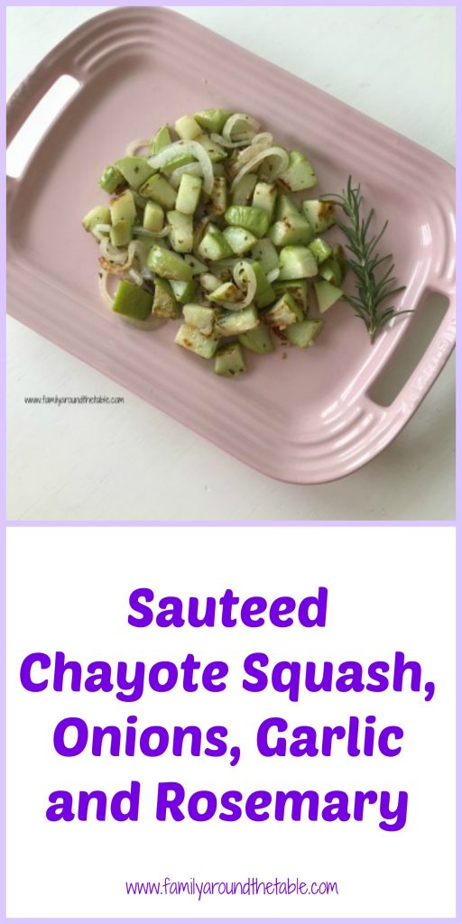 Sauteed Chayote Squash, Onions, Garlic and Rosemary is an easy and delicious side dish. #FreakyFruitsFriday