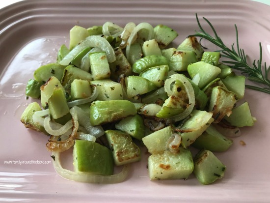 Sauteed Chayote Squash, Onions, Garlic and Rosemary is an easy and delicious side dish.