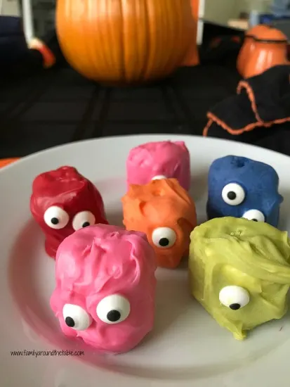 Monster marshmallows are a fun Halloween treat that can easily get kids in the kitchen to help.