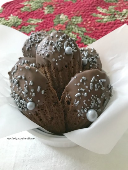 Chocolate Dipped Chocolate Madeleines are festive and delicious.