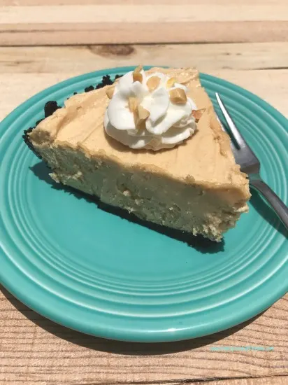 Mom's peanut butter pie with chocolate crust is creamy and delicious.