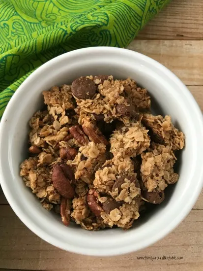 Chocolate chip maple pecan granola is delicious for snacking, with milk or to top a parfait.