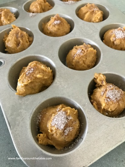 Praline pumpkin spice mini muffins ready for the oven.
