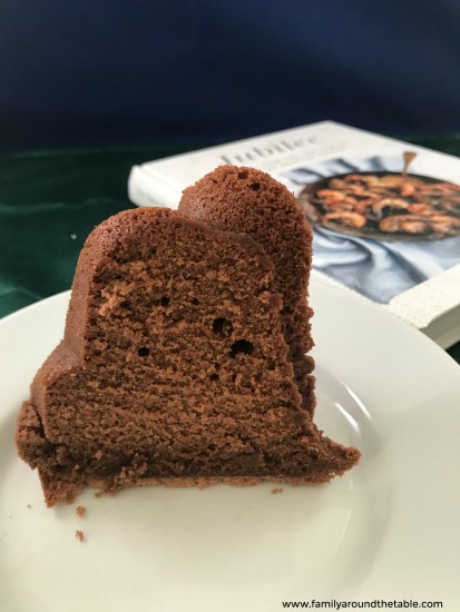 A slice of simple chocolate pound cake.