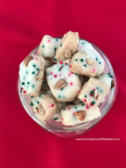 Share Christmas funfetti pecan shortbread bites in a fun mason jar. A great gift idea.