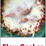 Overhead shot of slow cooker pizza dip made into a Pinterest image.