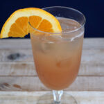 Cranberry Spritzer in a stemmed glass with an orange slice garnish.