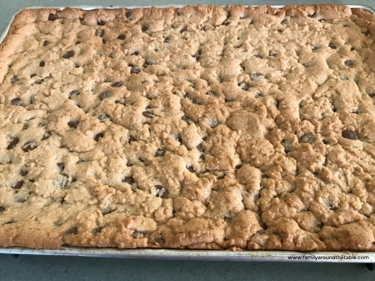 Chocolate chip bars warm from the oven.