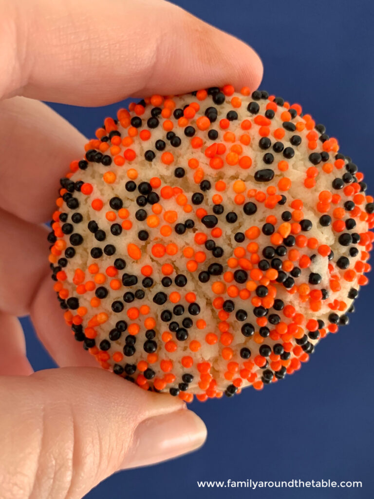 Close up of Halloween Cake Mix Sprinkle Cookies.