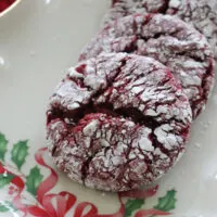 Close up of red velvet cake mix crinkle cookies.