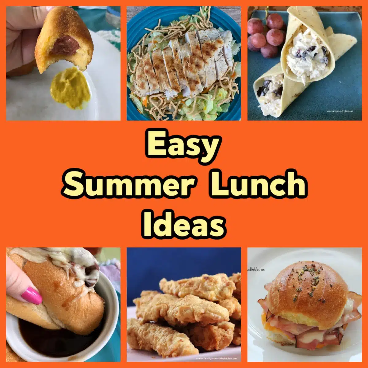 A collage of sandwiches, salads and finger foods for summer lunch ideas.