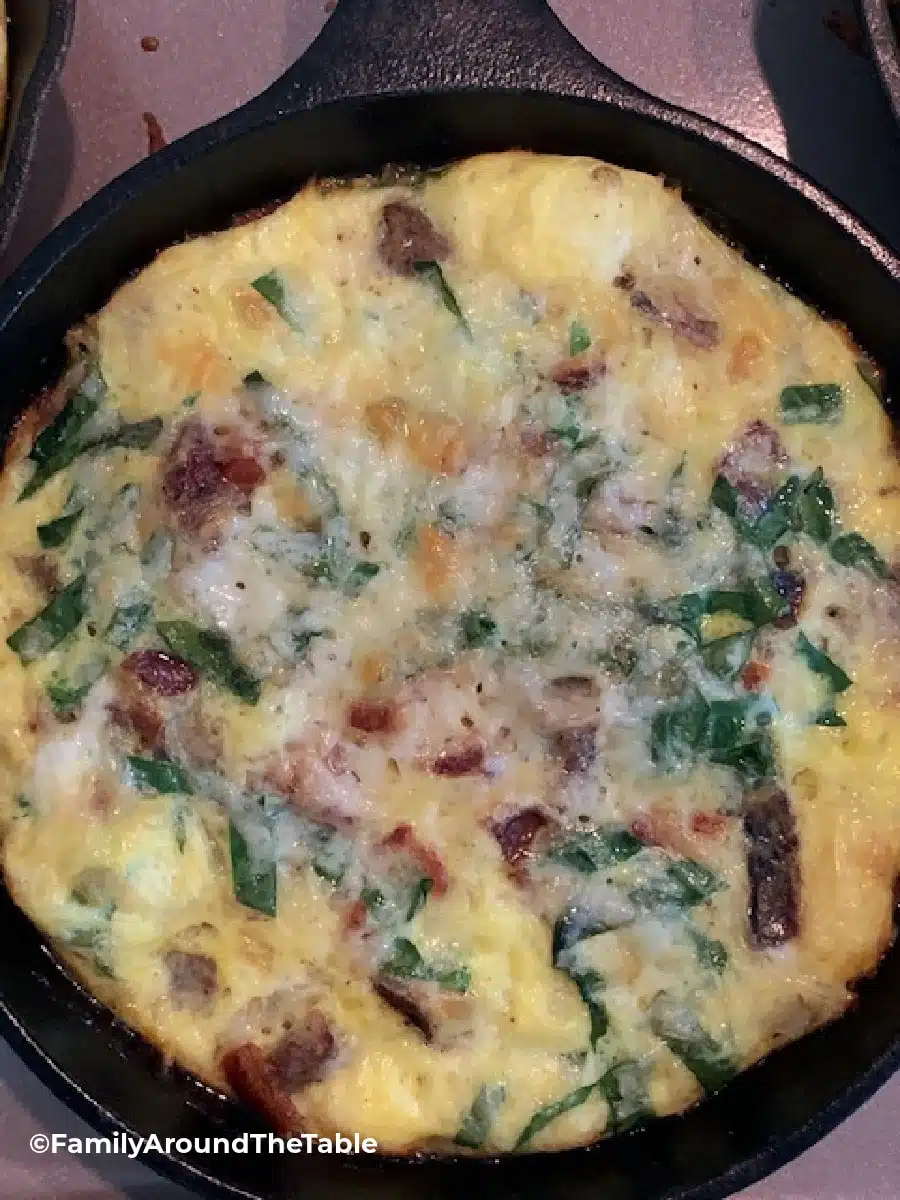 Overhead photo of Individual Sausage and Spinach Skillet Frittatas