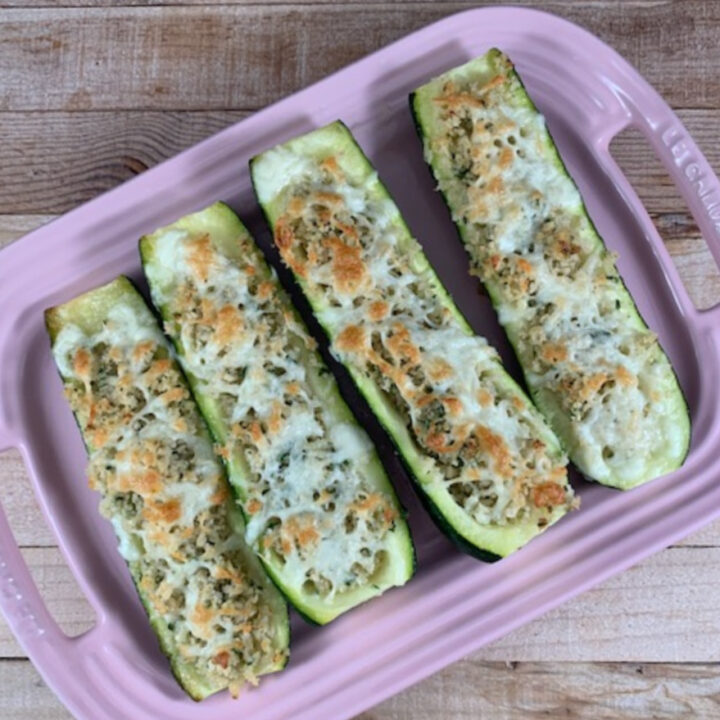 Overhead photo of roasted parmesan zucchini boats.