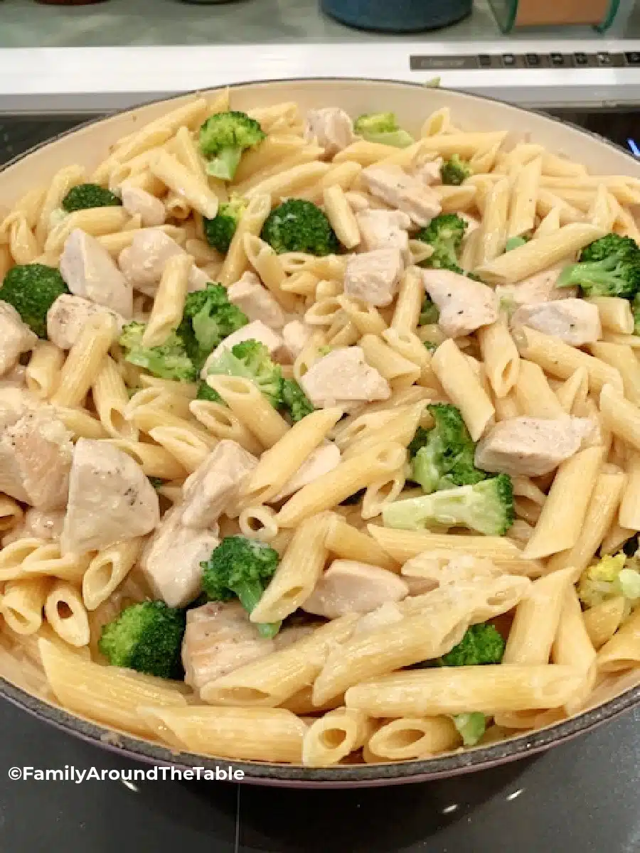 One-Skillet Chicken and Broccoli Alfredo Pasta in a skillet.