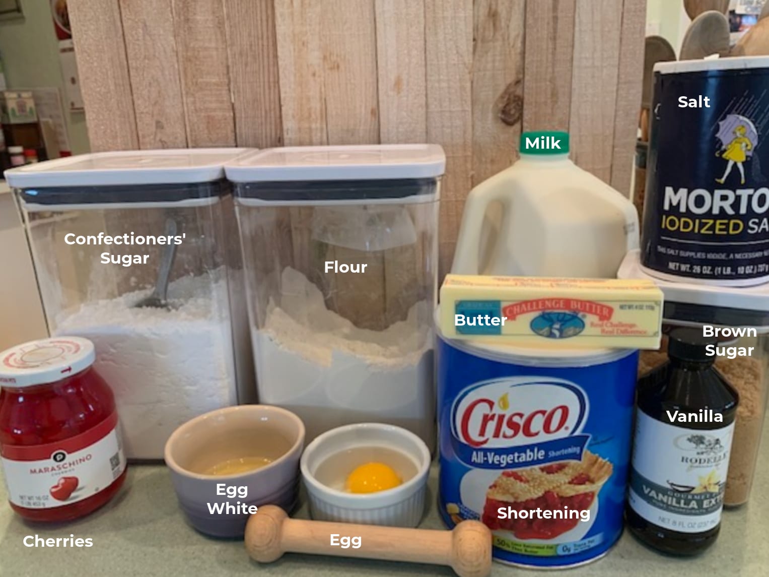 A photo of ingredients needed for Cherry Pecan Thumbprint Cookies