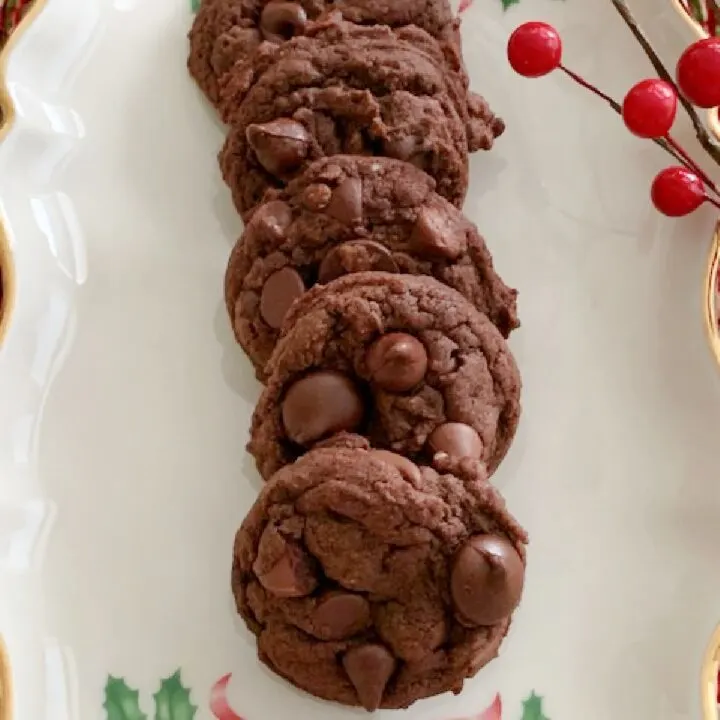 Five chocolate cookies on a holiday plate.