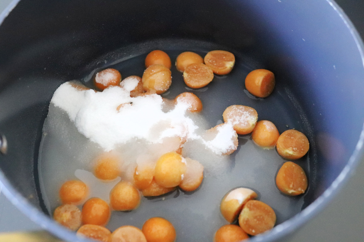 Goldenberries, sugar and water in a saucepan.