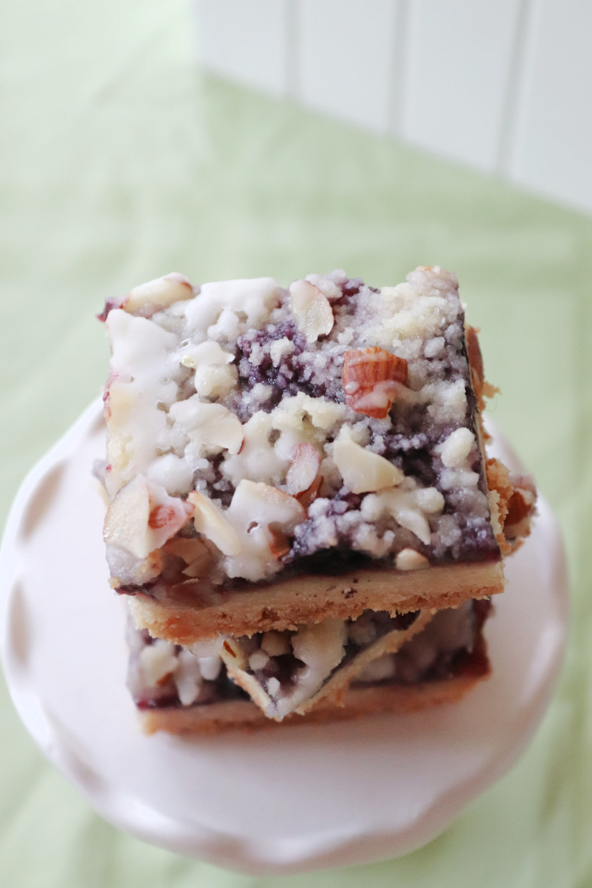 Overhead photo of blueberry lemon bars with shortbread crust.