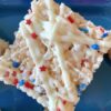 Overhead view of a patriotic rice krispie square.