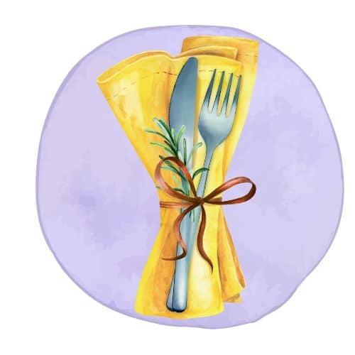 A place setting on a yellow napkin on a lavender background.