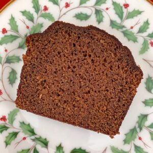 Overhead view of a slice of gingerbread loaf.