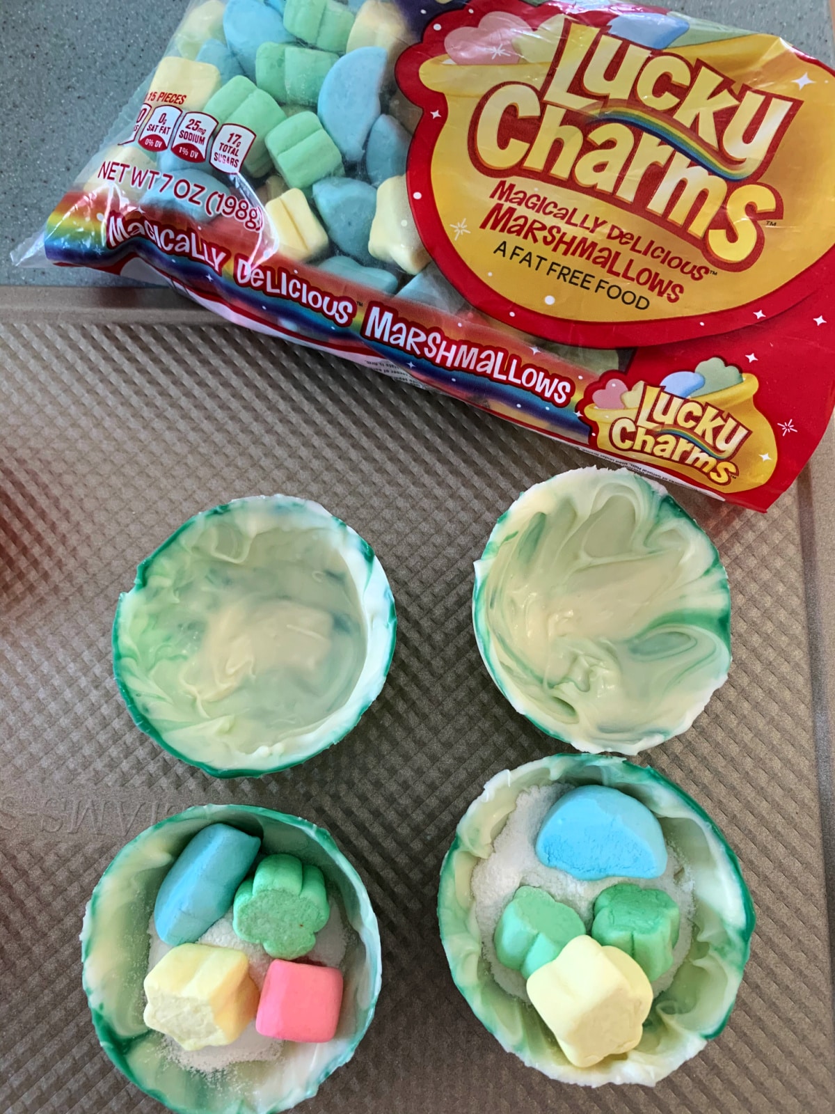 The inside of St Patrick's Day hot chocolate bombs.