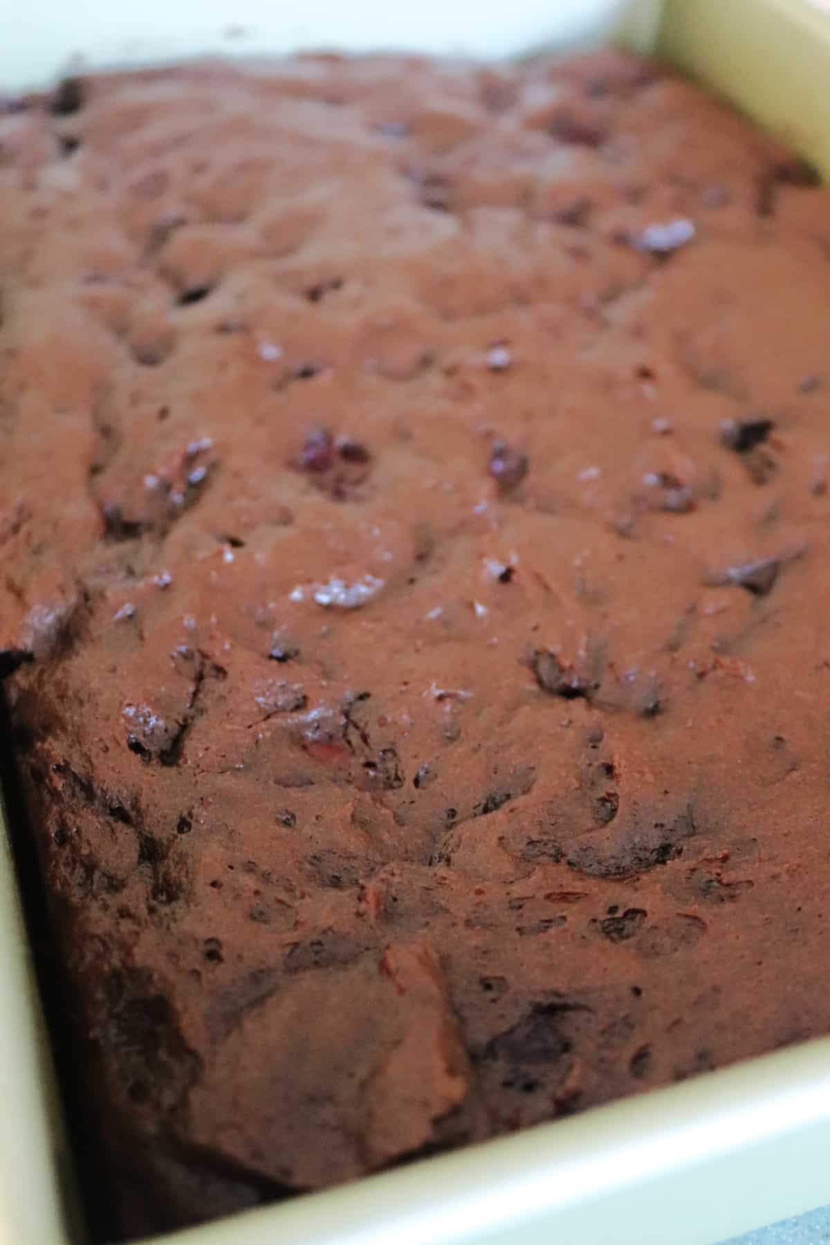Unfrosted chocolate cherry bars in the pan.