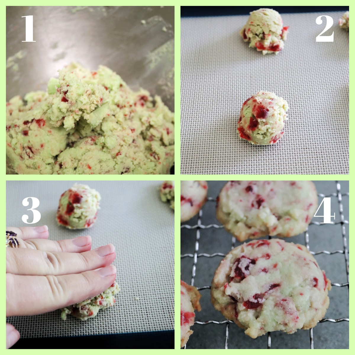 A collage of steps to make cherry pistachio cookies.