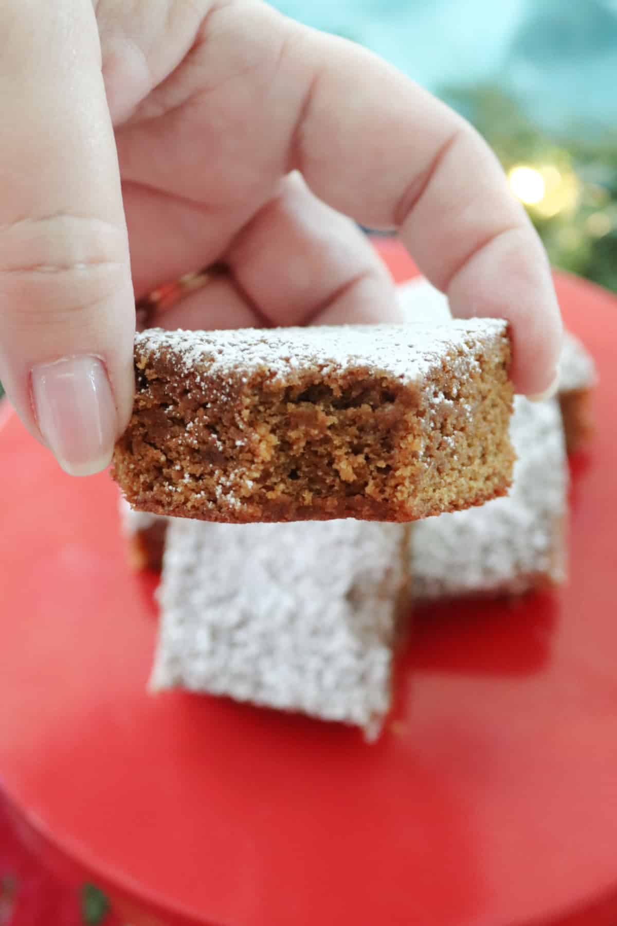 A gingerbread bar with a bite taken out of it being held by a female hand.