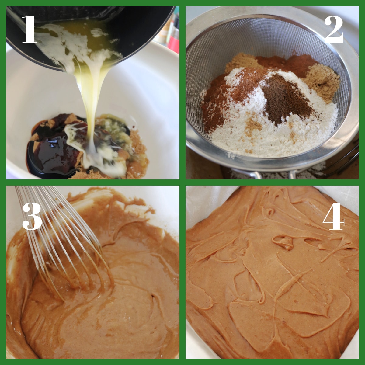 A collage of 4 photos showing the steps for making gingerbread bars.