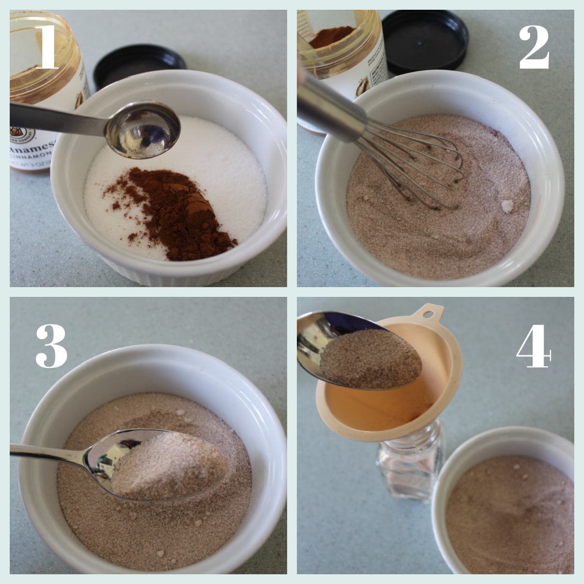 A collage showing how to make cinnamon sugar.