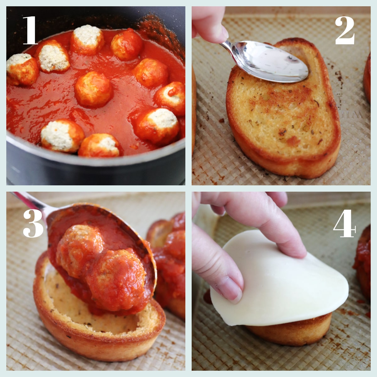 A collage of four photos showing the steps to making open faced meatball sandwiches.