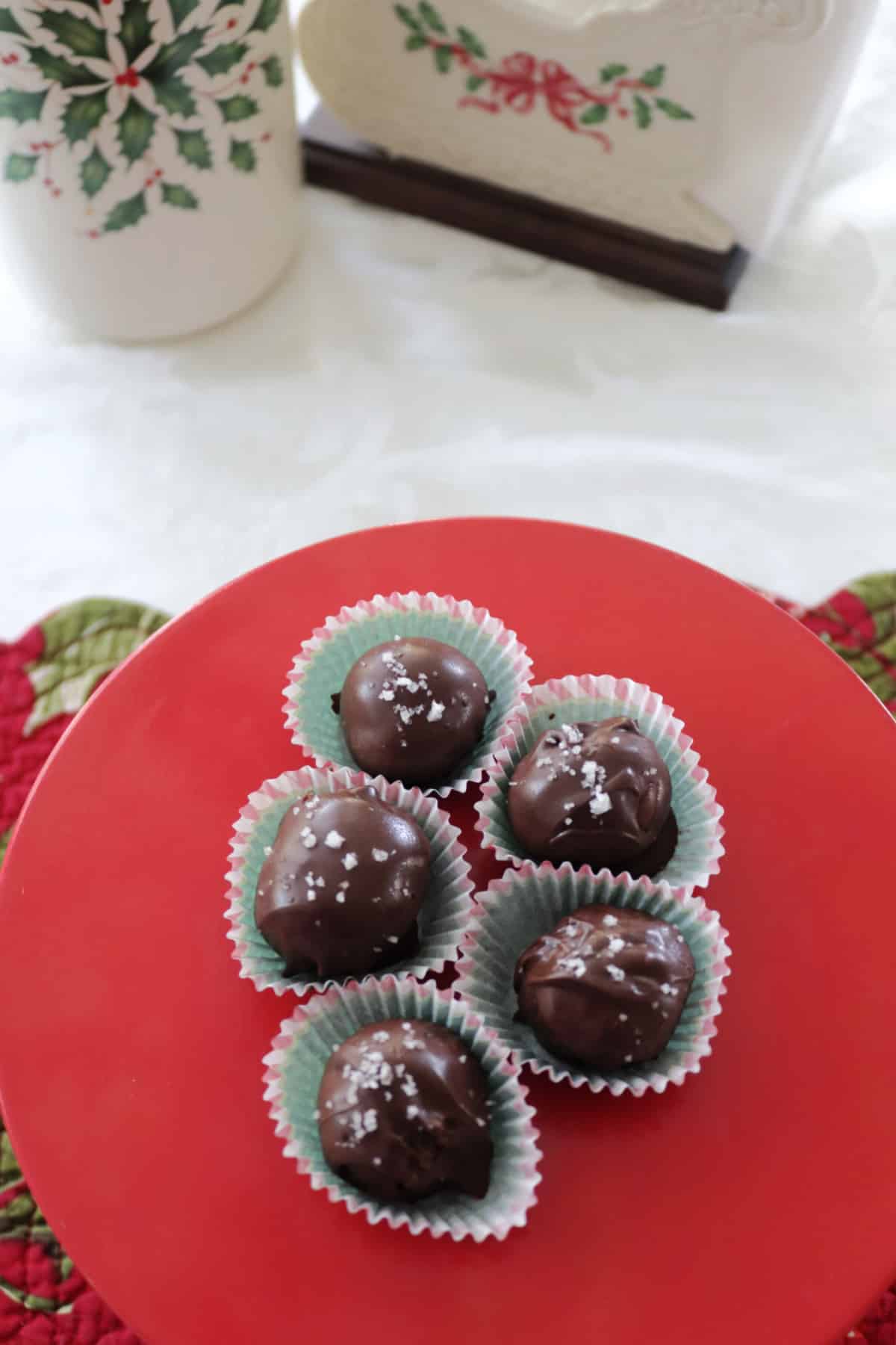 Salted Caramel Truffles in a Christmas setting.