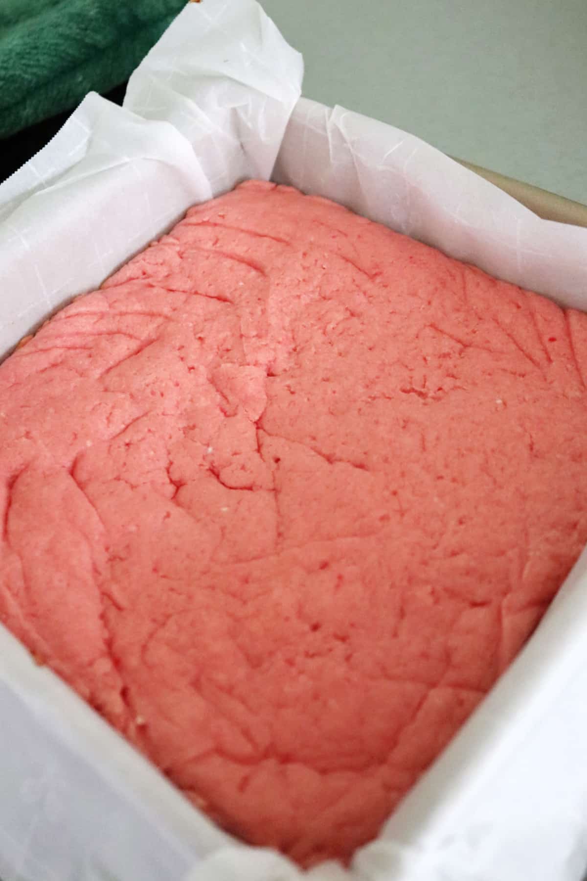 Unglazed baked strawberry bars in the pan.