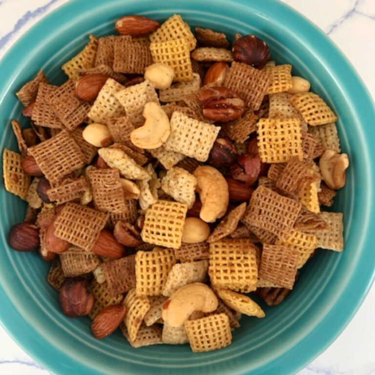 Overhead image of Chex mix in a bowl.
